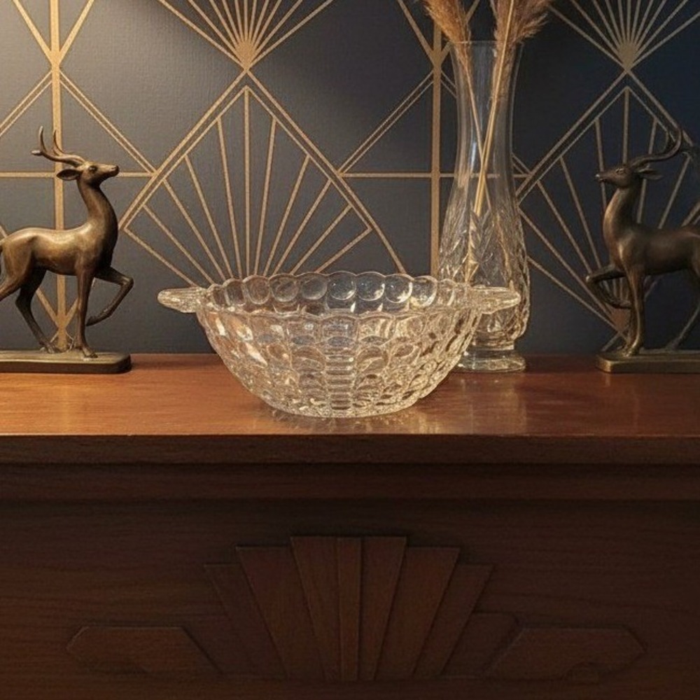 Anchor‎ Hocking Clear Bubble Glass Dish, Vintage Tab-Handle Centerpiece Bowl